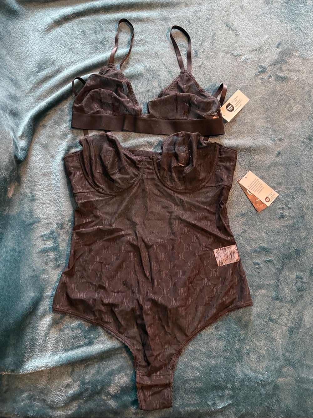 Sheer Lace Black Bodysuit and Bralette Set by INC